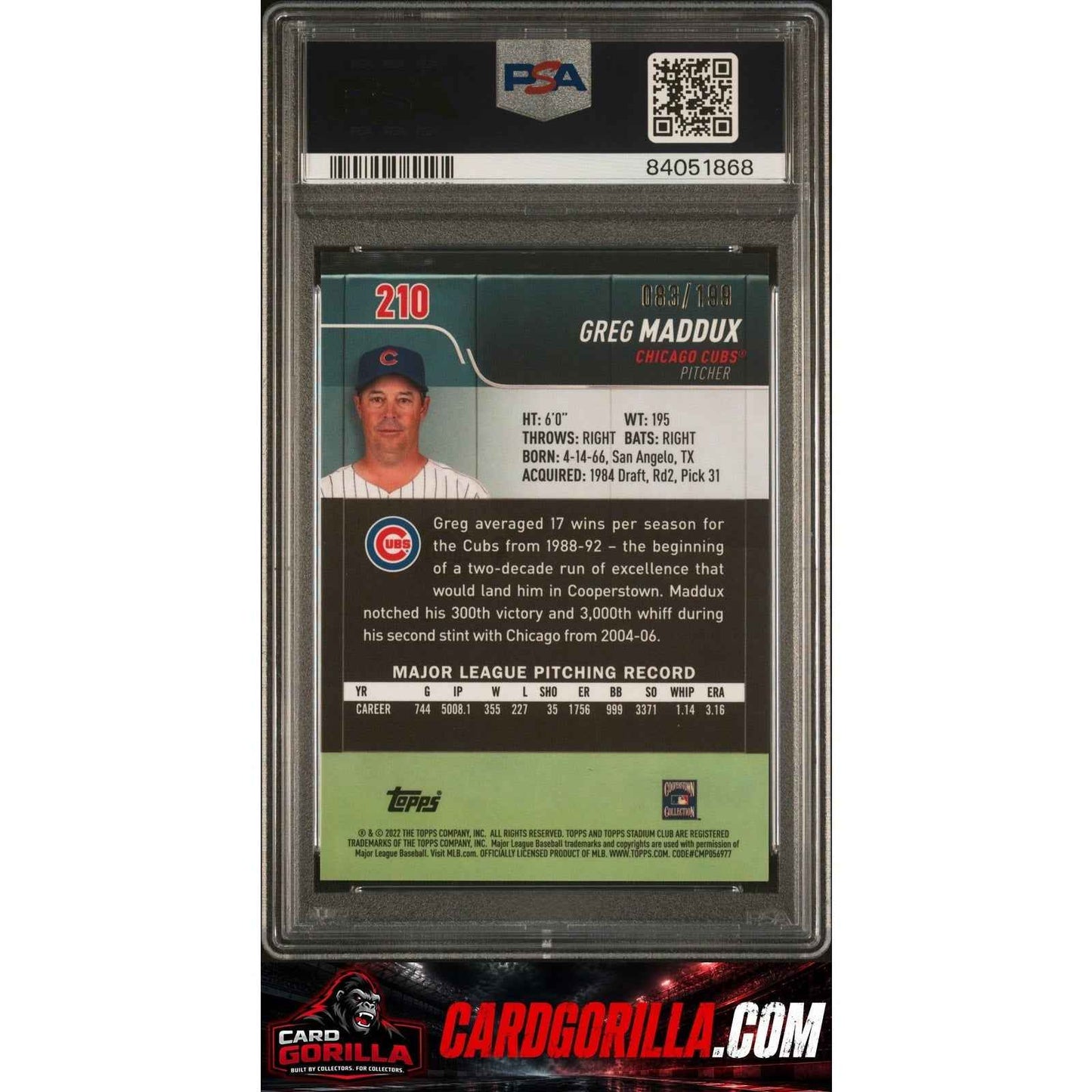 2022 Topps Stadium Club Chrome #210 Greg Maddux Blue Refractor #/199 PSA 10