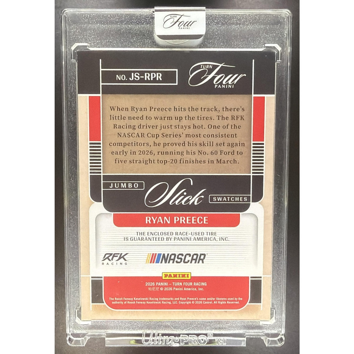 2026 Panini Turn Four Racing Ryan Preece #JS-RPR Jumbo Slick Swatches 31/49 MEM