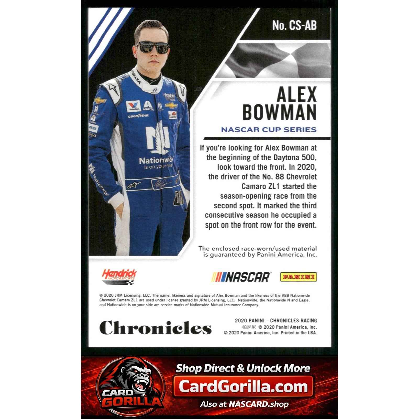 2020 Panini Chronicles #CS-AB Alex Bowman Chronicles Swatches Holo Gold #/10