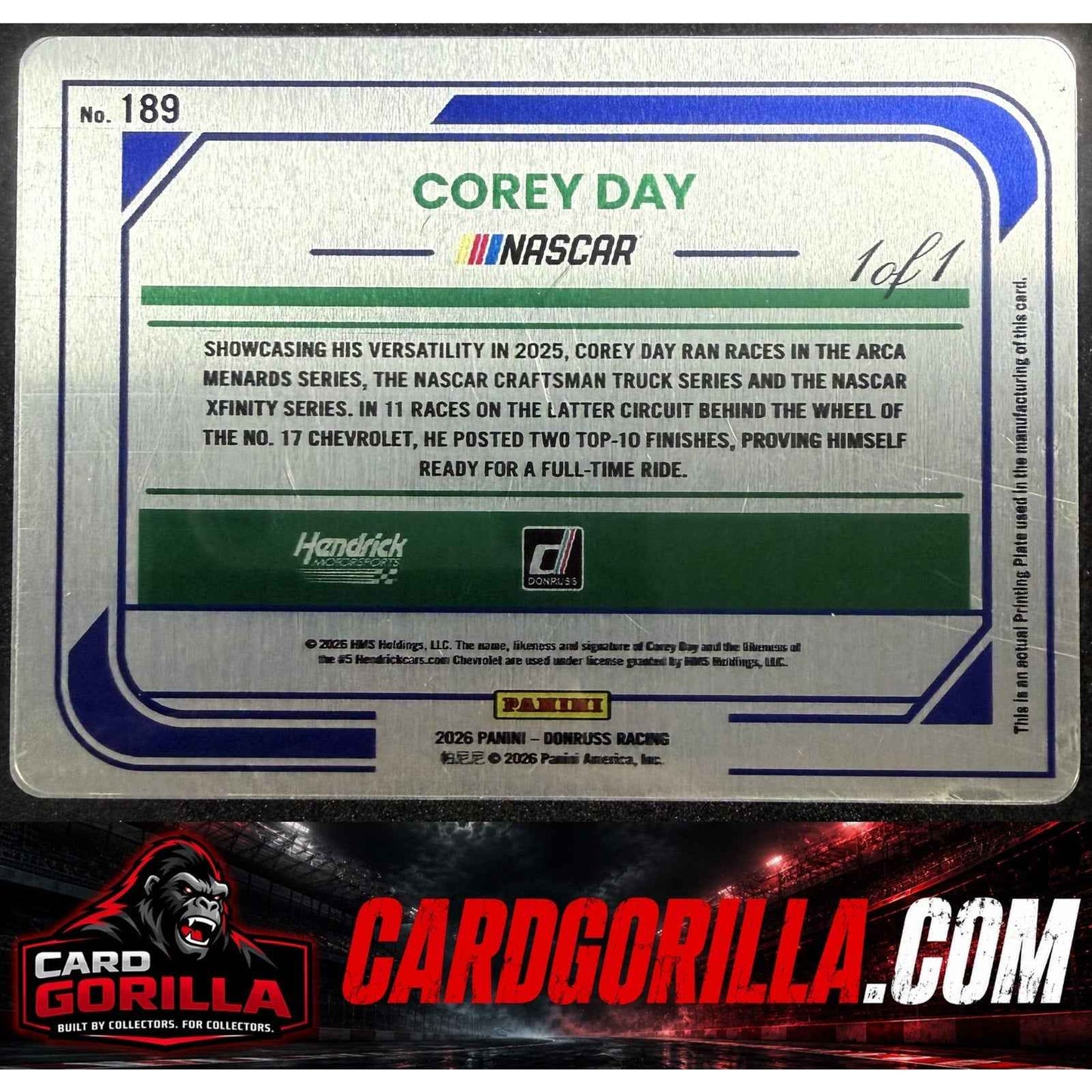 2026 Donruss #189 Corey Day Printing Plates Yellow #1/1