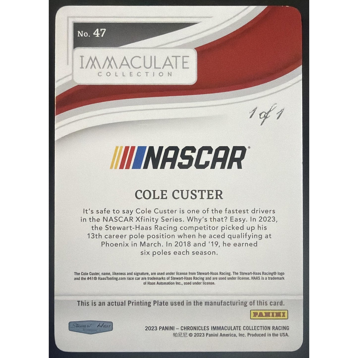 2023 Panini Chronicles Cole Custer #47 Immaculate Printing Plates Cyan 1/1