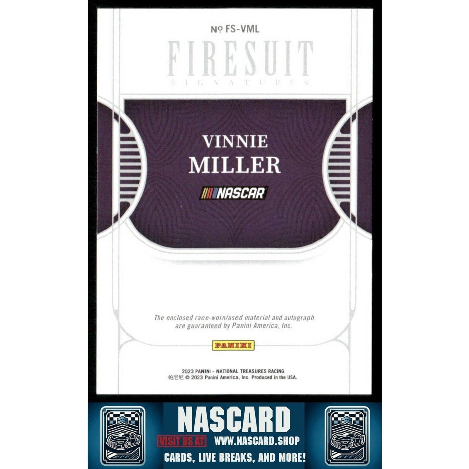 2023 Panini National Treasures Firesuit Signatures Vinnie Miller #FS-VML /99 - NASCARD.shop