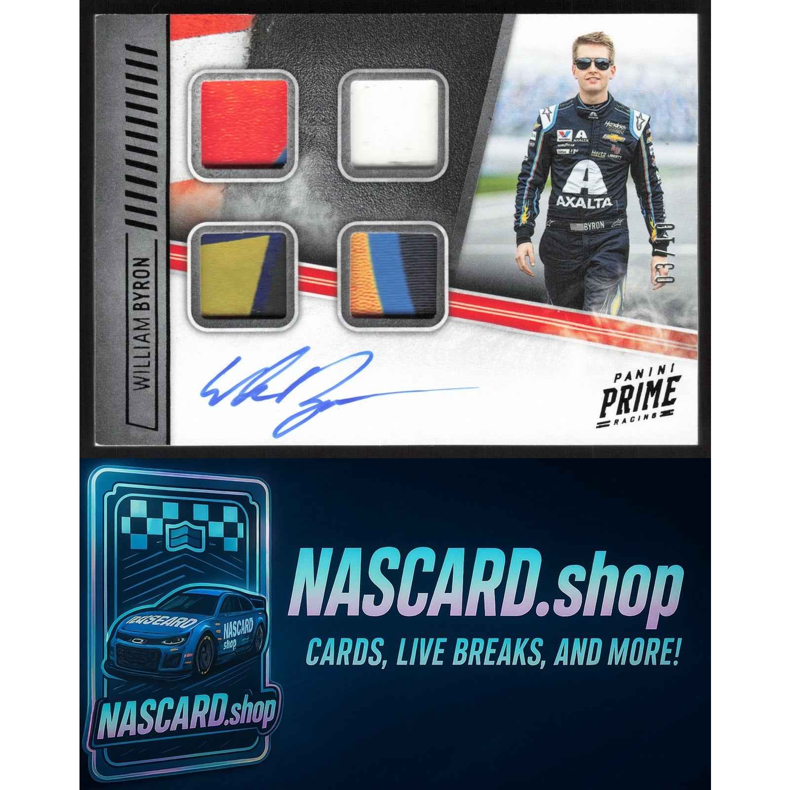 2019 Panini Prime #QMA-WB William Byron Quad Materials Autographs Black #/10