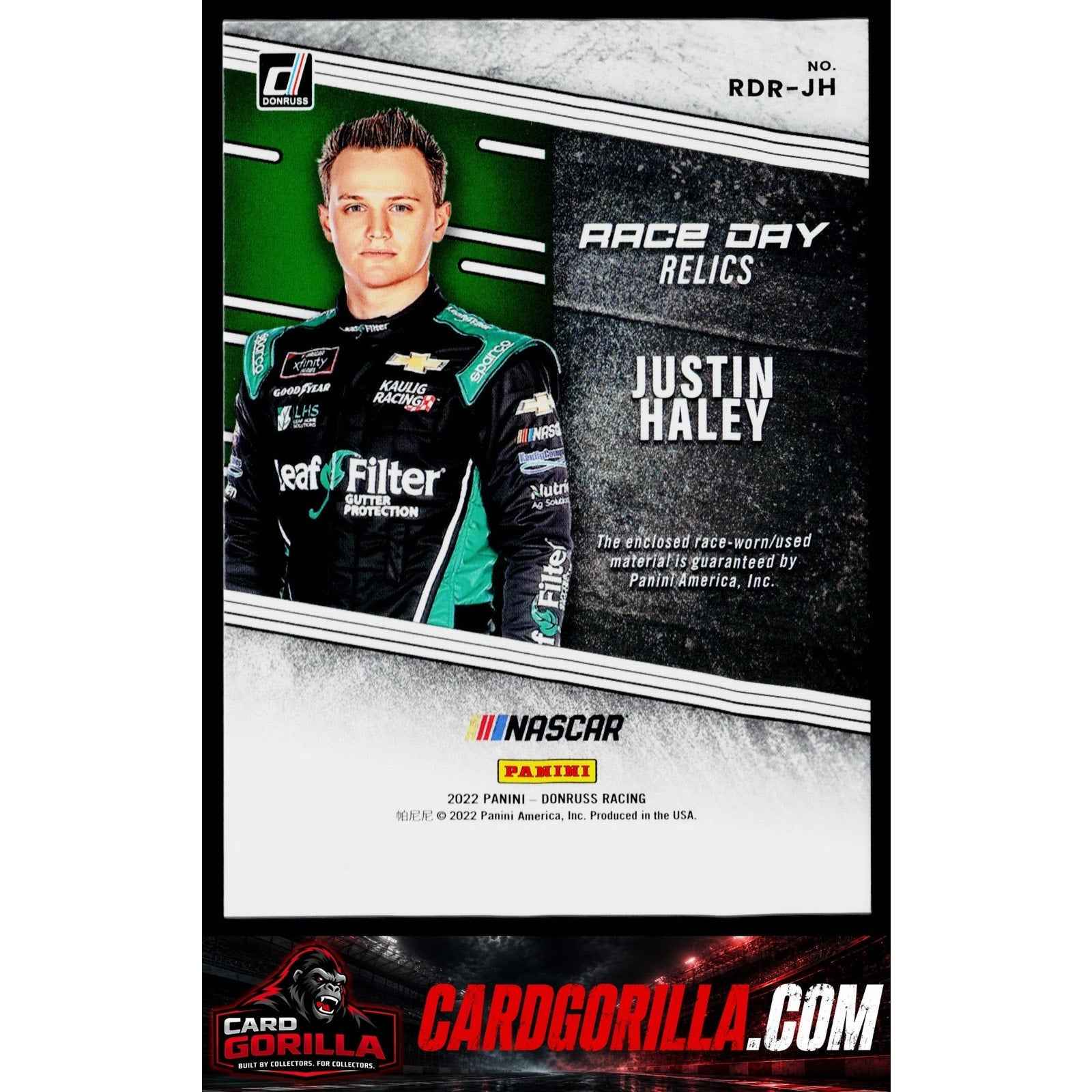2022 Donruss #RDR-JH Justin Haley Race Day Relics Red #/25