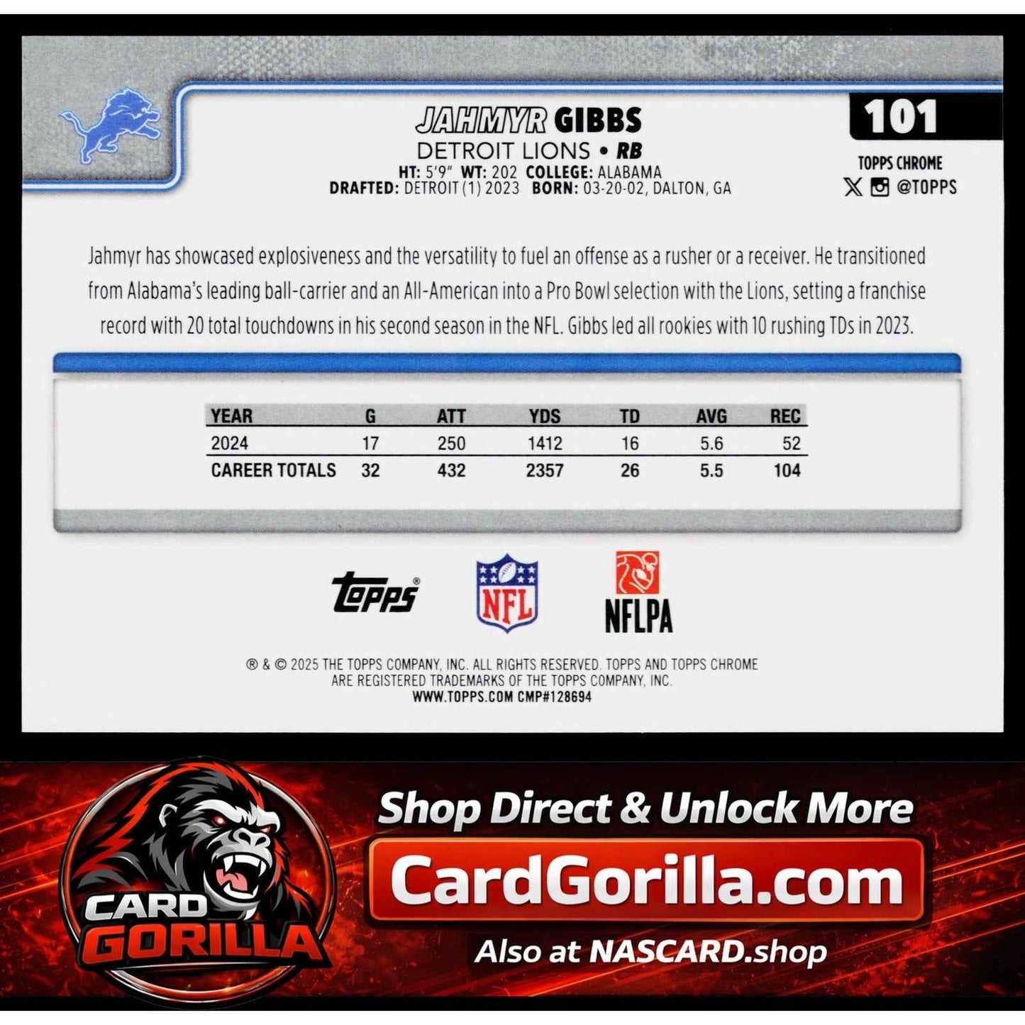 2025 Topps Chrome #101 Jahmyr Gibbs Variation Orange Refractor #/25