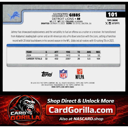 2025 Topps Chrome #101 Jahmyr Gibbs Variation Orange Refractor #/25