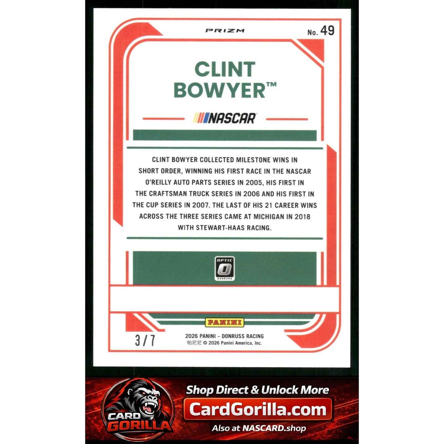 2026 Donruss #49 Clint Bowyer Optic Green Swirl #/7