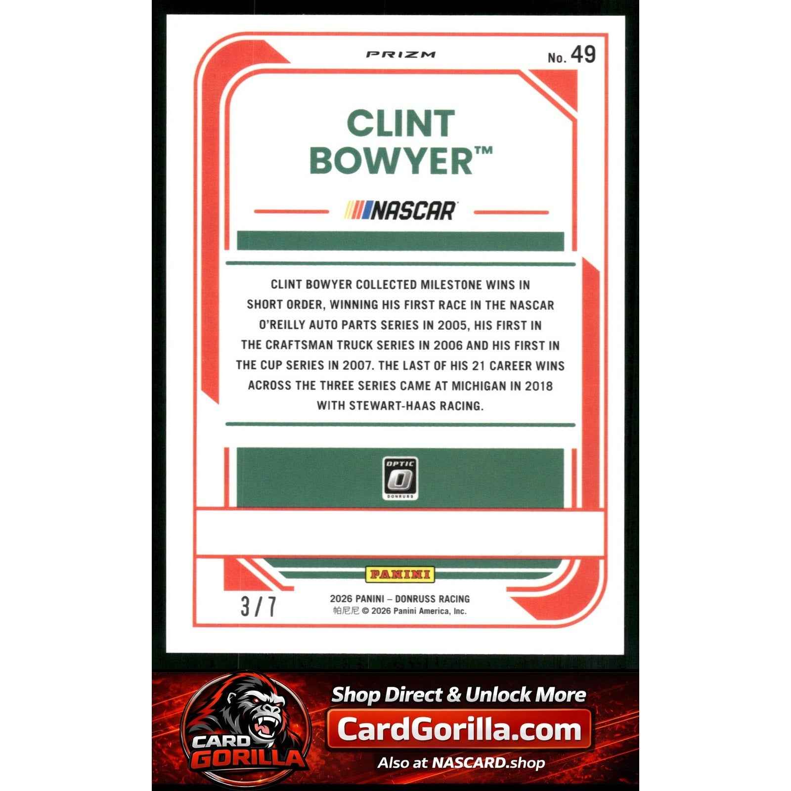 2026 Donruss #49 Clint Bowyer Optic Green Swirl #/7