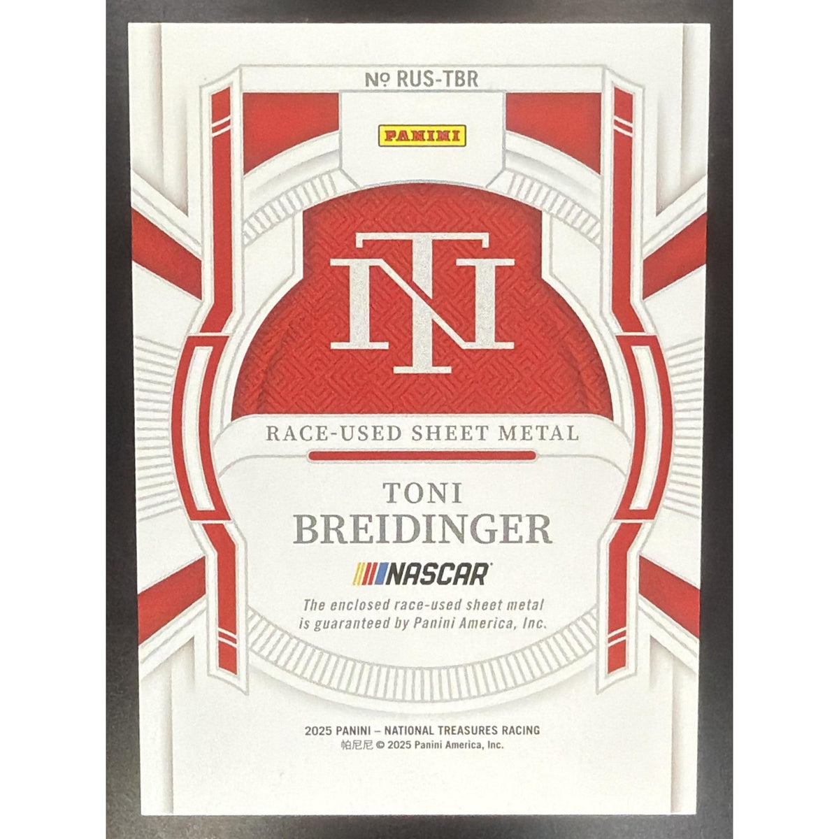 2025 Panini National Treasures Toni Breidinger Race-Used Sheet Metal Blue /75