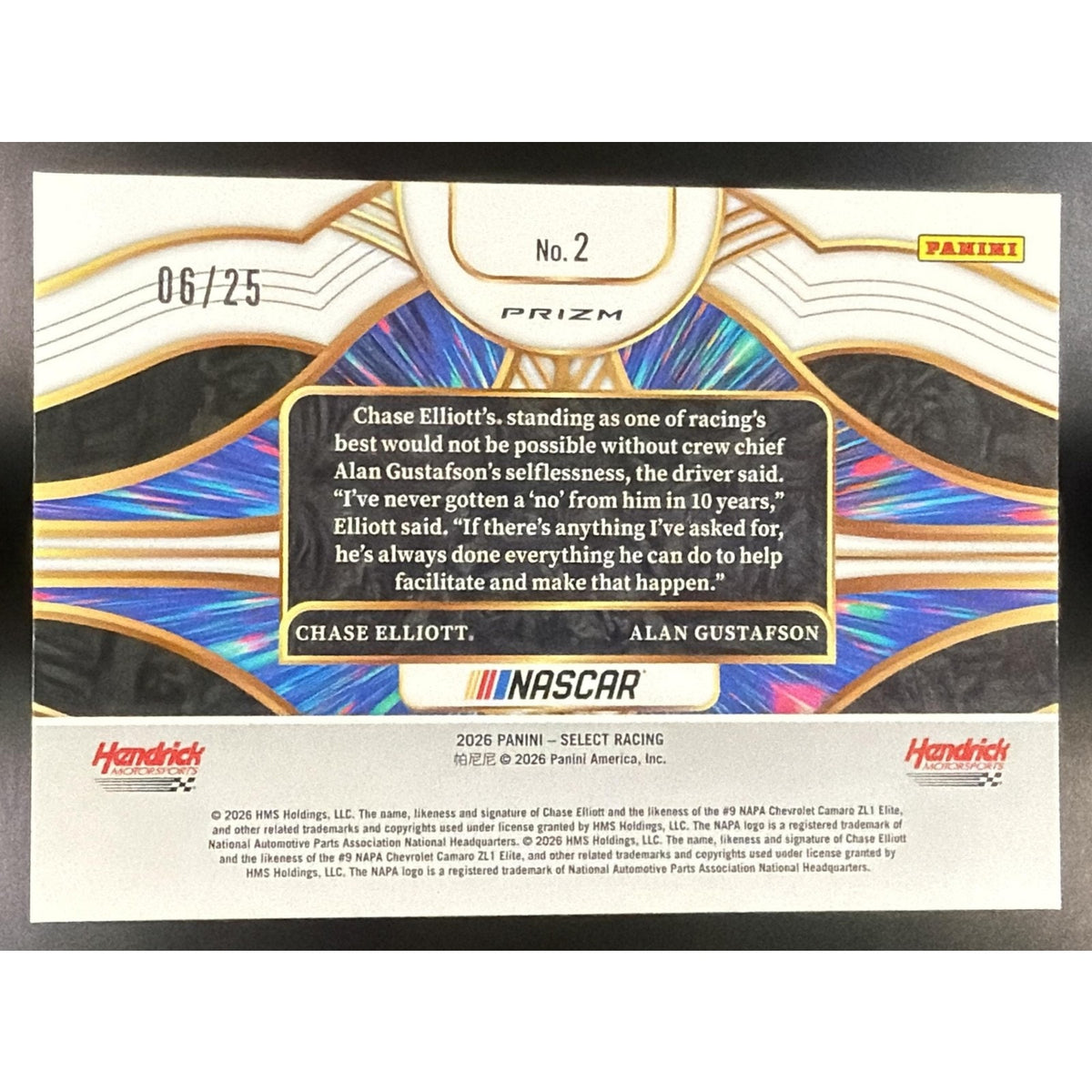 2026 Select NASCAR Chase Elliott Alan Gustafson Tandem Draft Tie-Dye Prizms /25