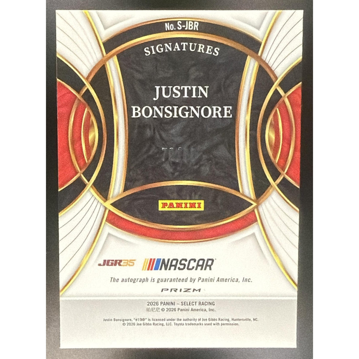 2026 Panini Select NASCAR Justin Bonsignore #S-JBR Signatures Blue Prizms /99