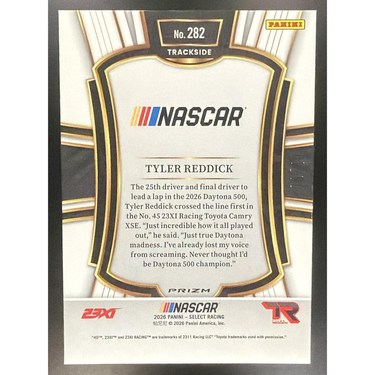 2026 Panini Select NASCAR Tyler Reddick #282 Set - Trackside Gold Prizms /10