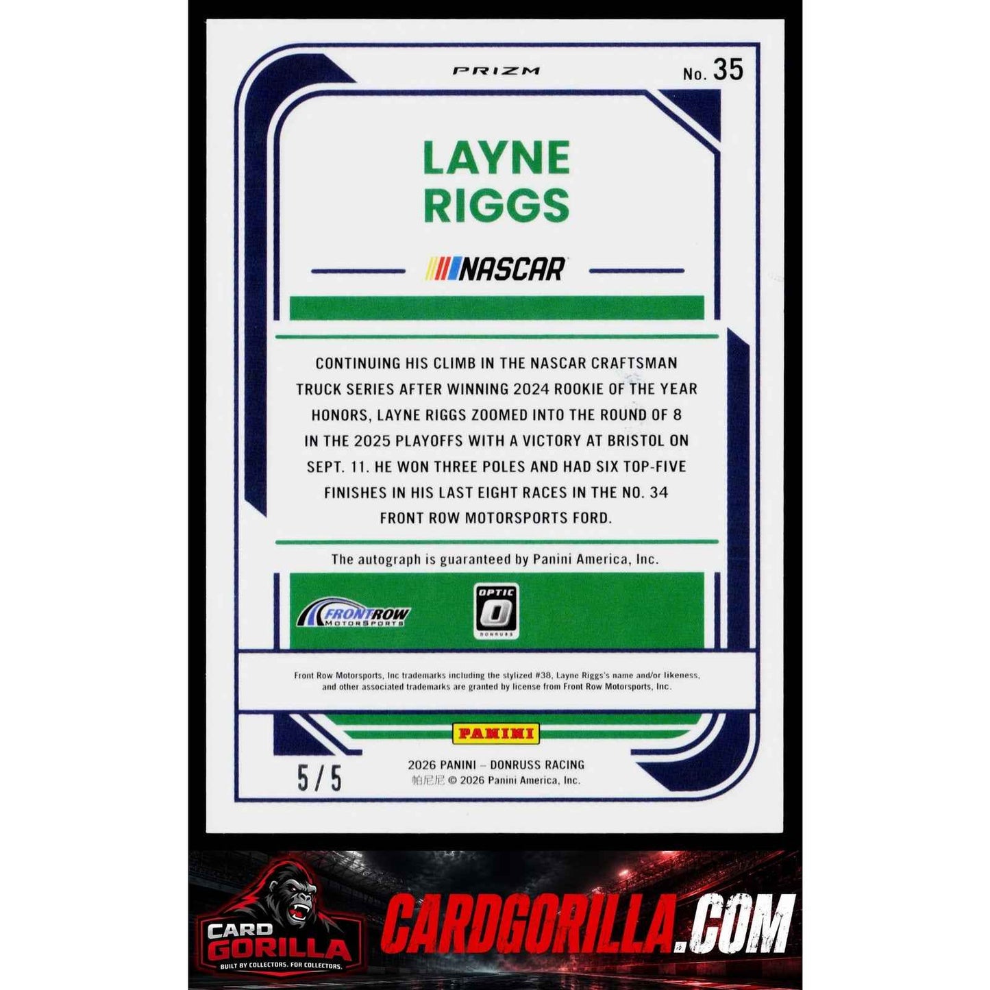 2026 Donruss #35 Layne Riggs Optic Signatures Green Swirl FOTL #5/5