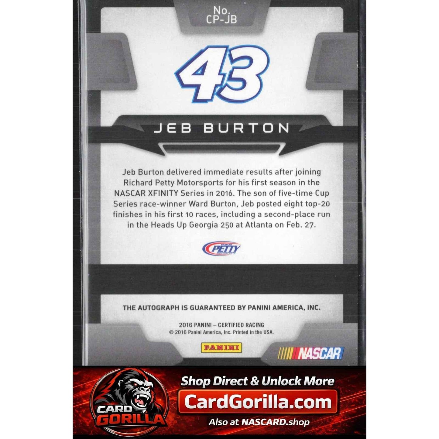 2016 Panini Certified #CP-JB Jeb Burton Certified Potential Signatures #/299