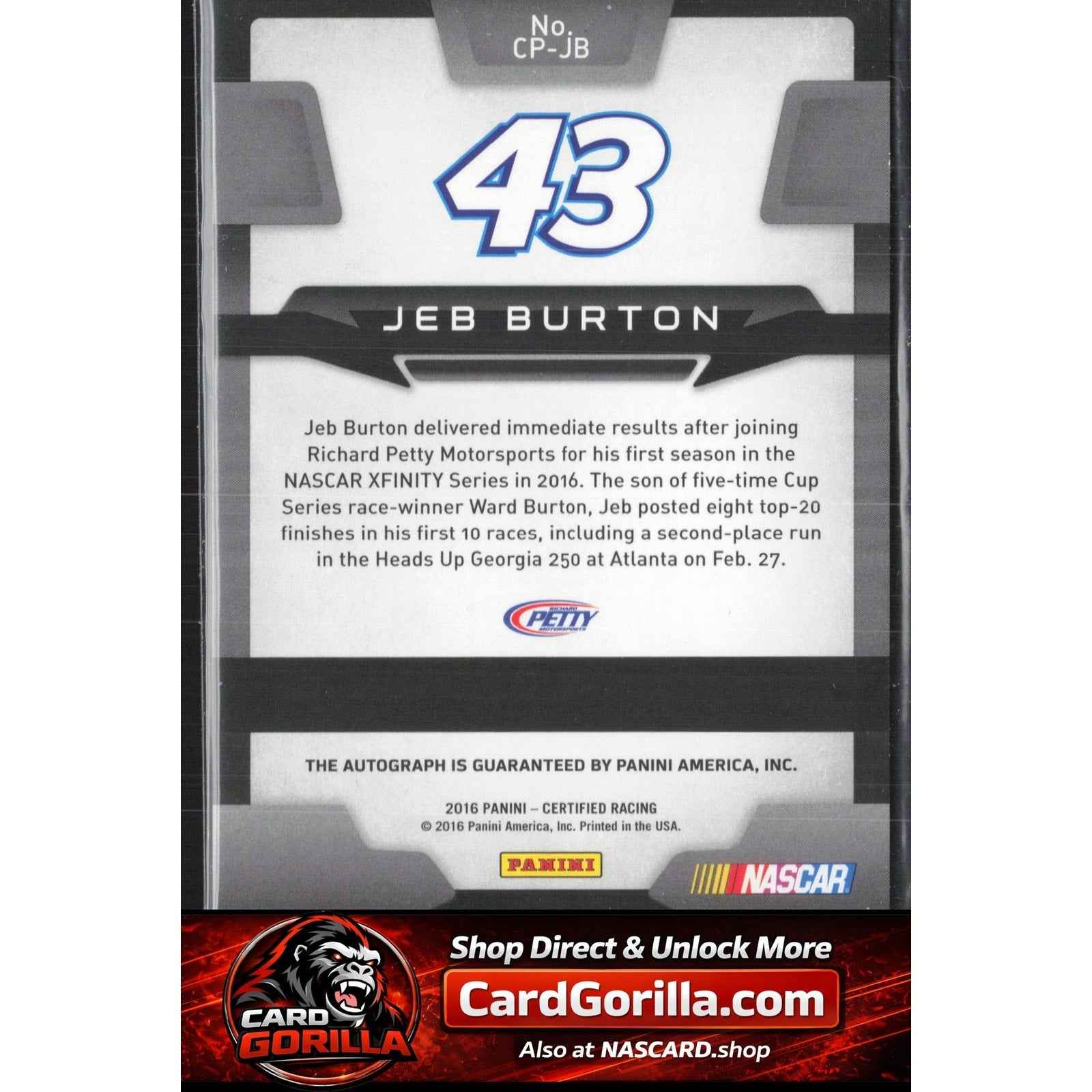 2016 Panini Certified #CP-JB Jeb Burton Certified Potential Signatures #/299