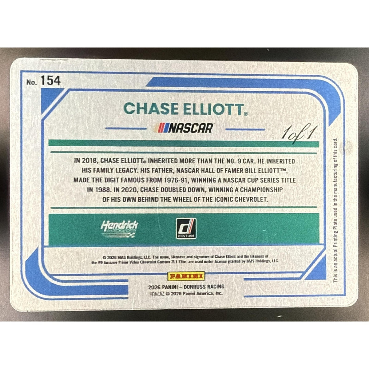 2026 Panini Donruss NASCAR Racing Chase Elliott #154 Rides Printing Plates 1/1