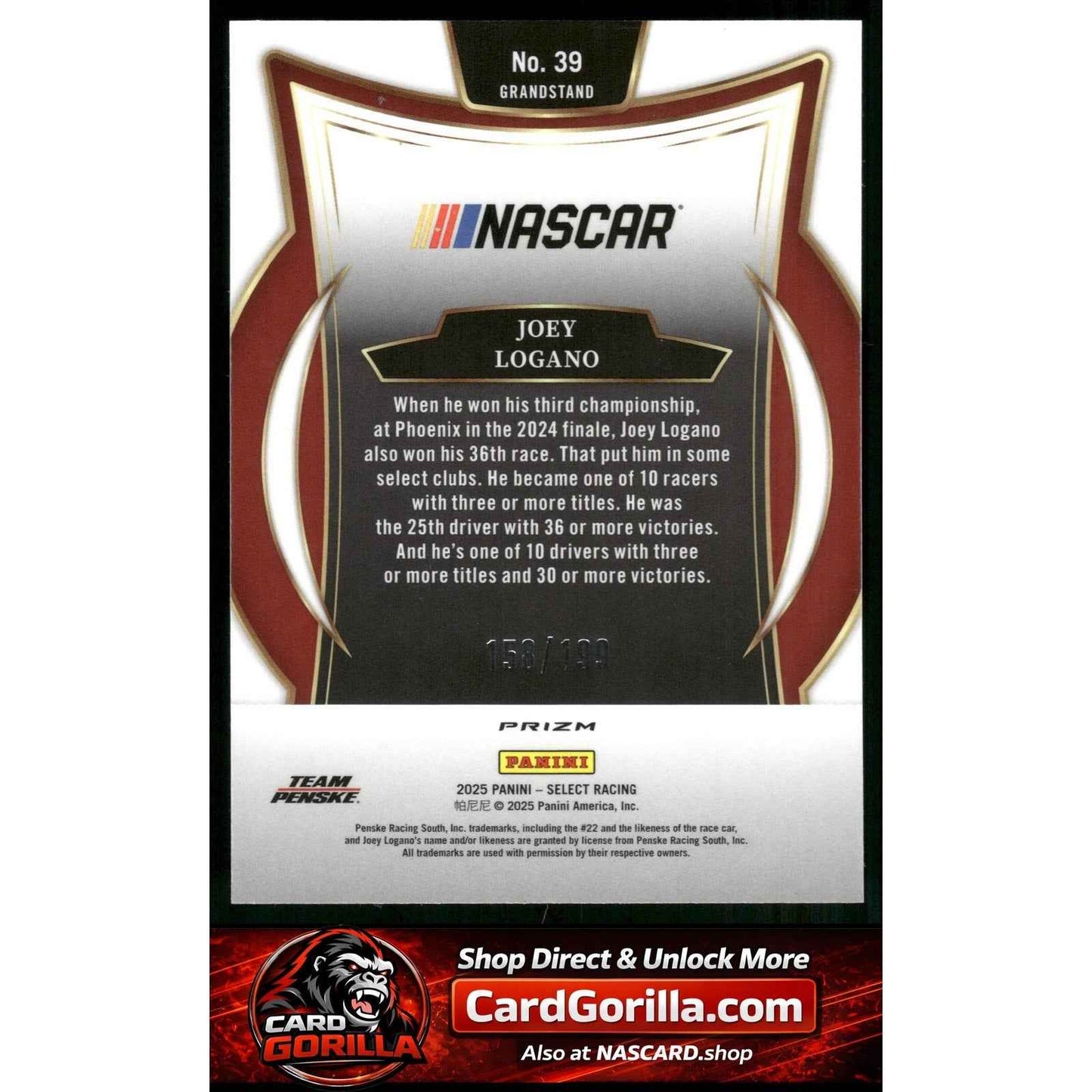 2025 Panini Select #39 Joey Logano Purple Prizms #/199