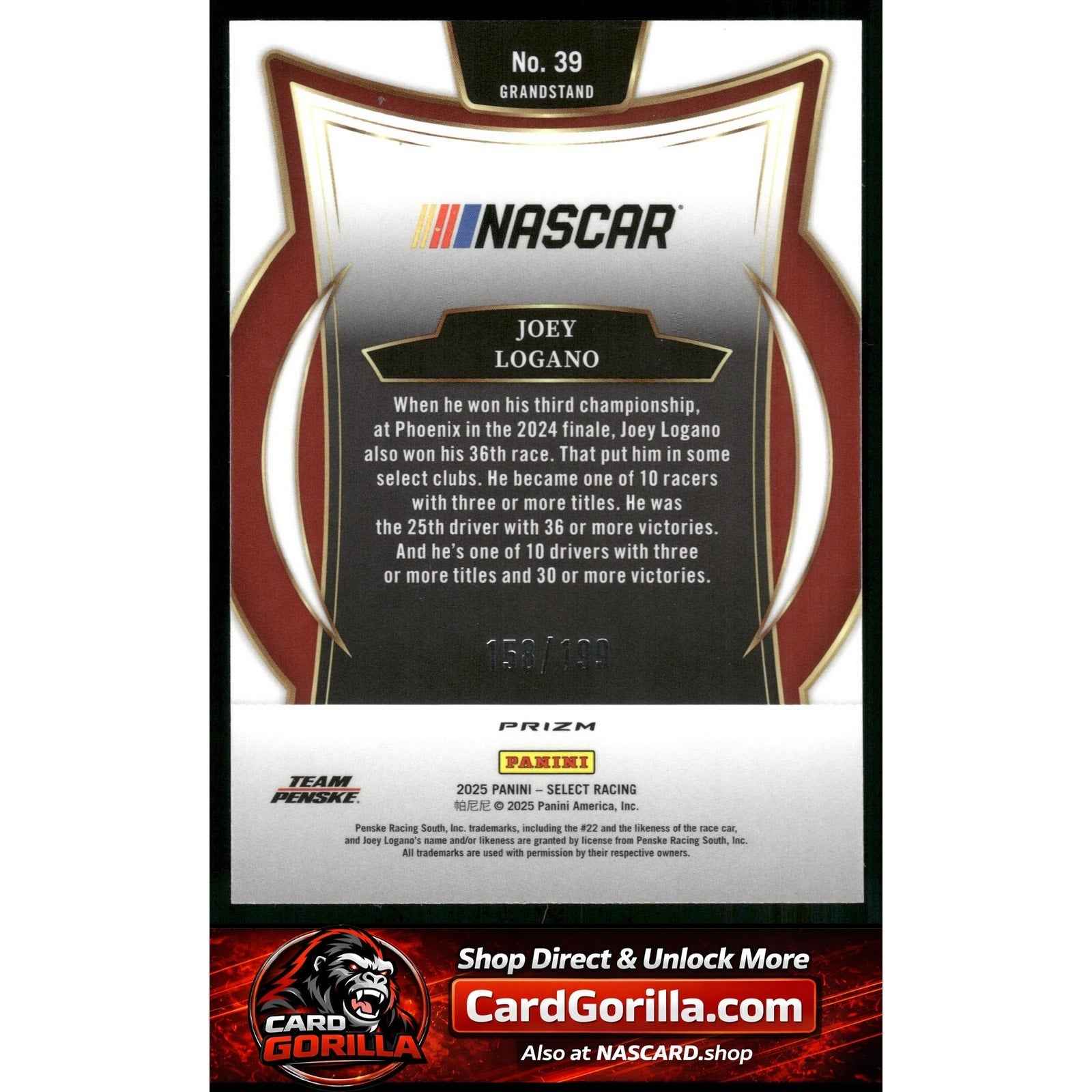 2025 Panini Select #39 Joey Logano Purple Prizms #/199