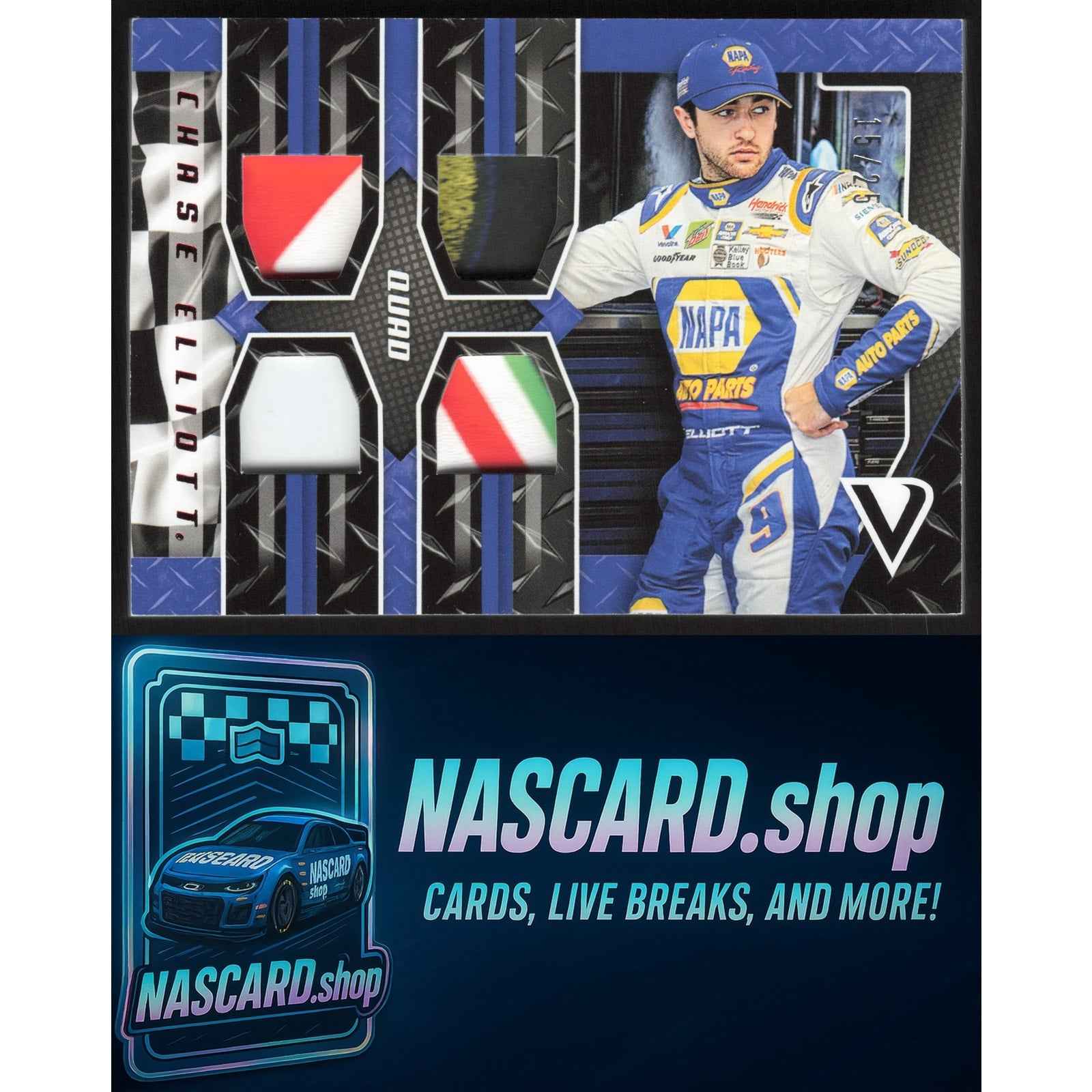 2019 Panini Victory Lane #QS-CE Chase Elliott Quad Swatches Red #/25