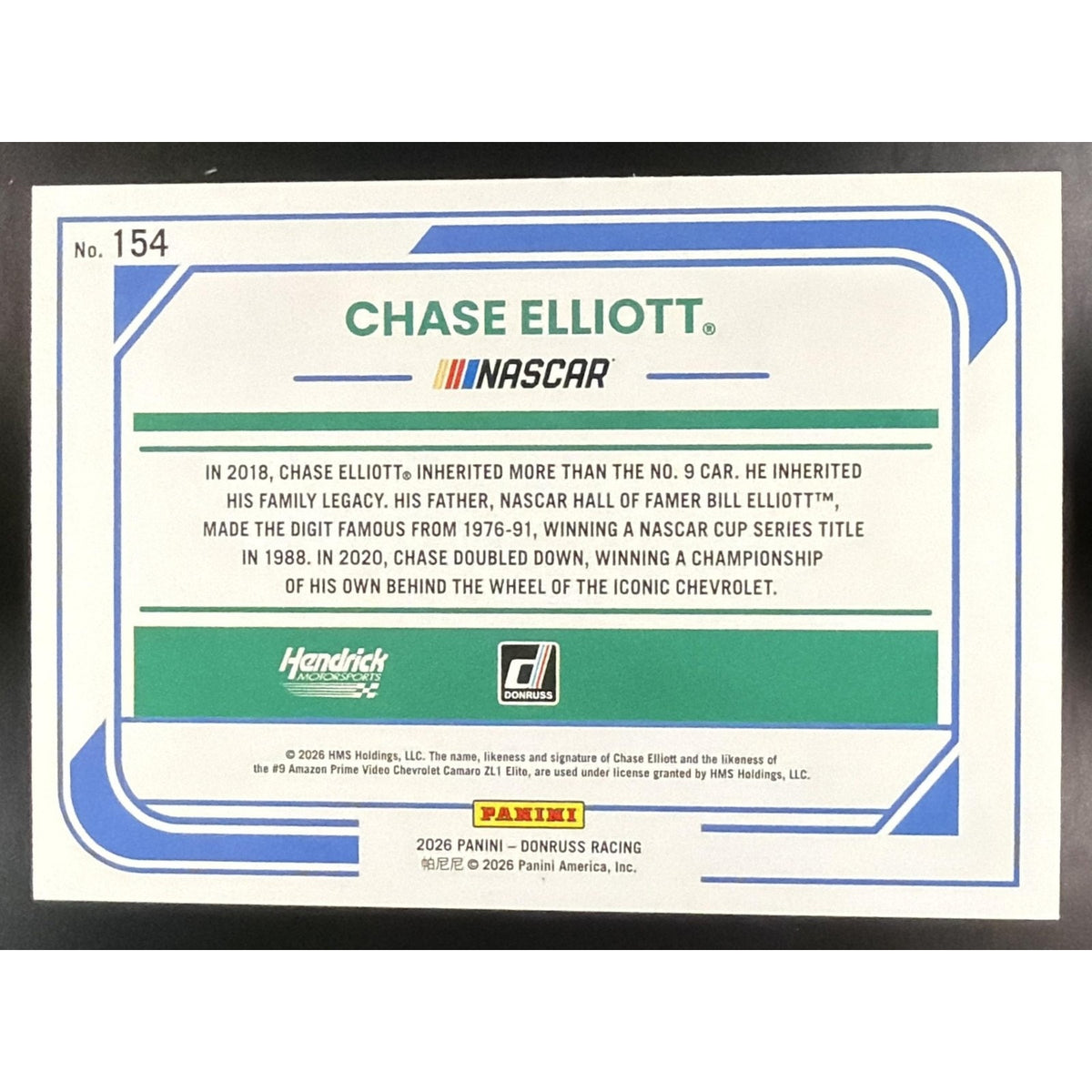 2026 Panini Donruss NASCAR Racing Chase Elliott Rides Carolina Blue Laser /99