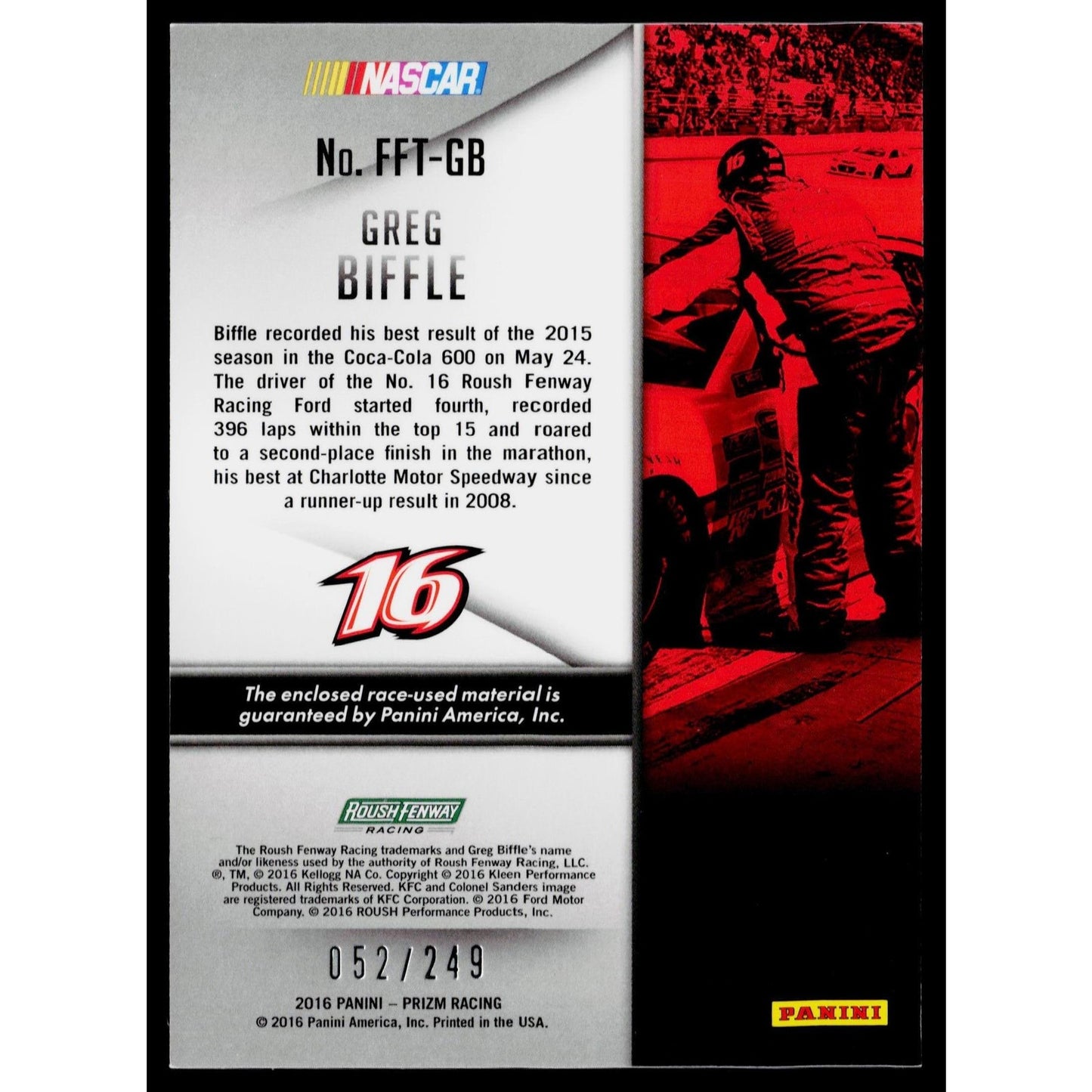 2016 Panini Prizm Greg Biffle Roush Fenway Firesuit Fabrics Team #/249