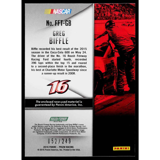 2016 Panini Prizm Greg Biffle Roush Fenway Firesuit Fabrics Team #/249