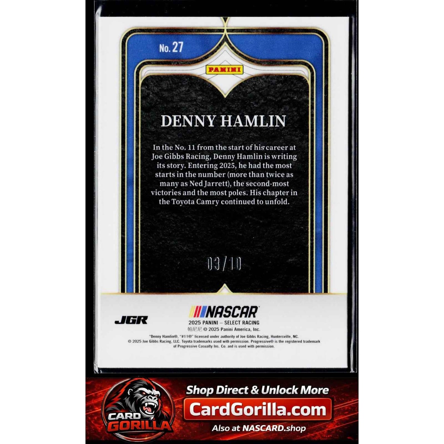 2025 Panini Select #27 Denny Hamlin Select Numbers Gold Prizms #/10