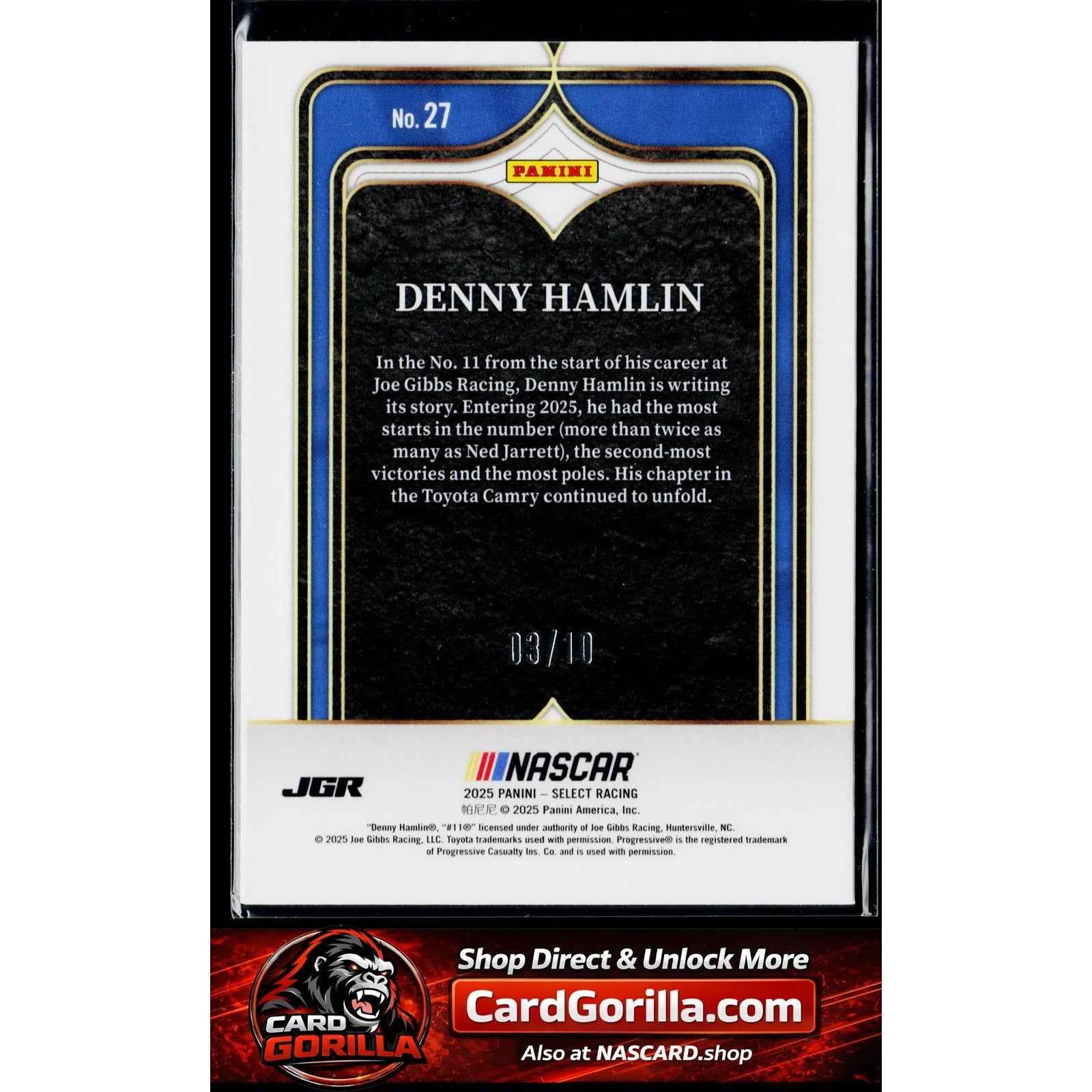 2025 Panini Select #27 Denny Hamlin Select Numbers Gold Prizms #/10