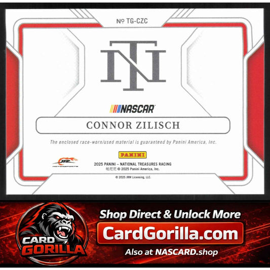 2025 Panini National Treasures #TG-CZC Connor Zilisch Track Gear Blue #/75