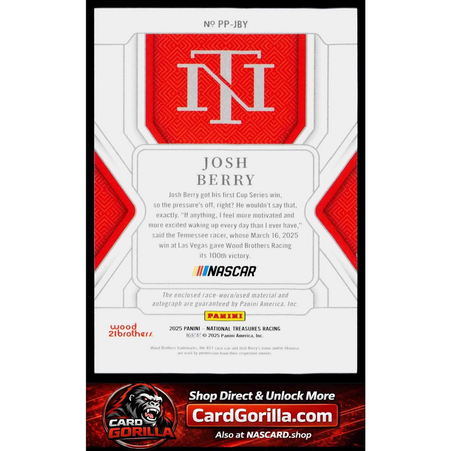 2025 Panini National Treasures #PP-JBY Josh Berry Premium Patches #/75