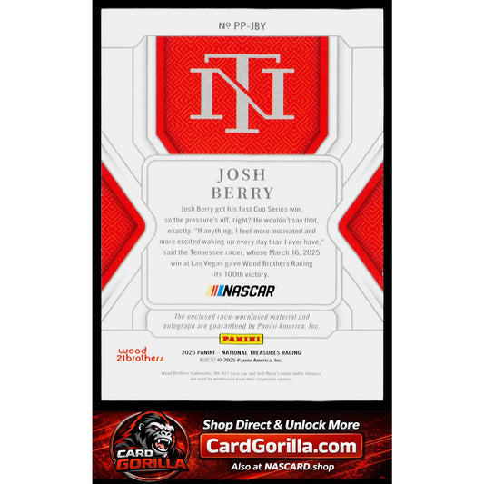 2025 Panini National Treasures #PP-JBY Josh Berry Premium Patches #/75