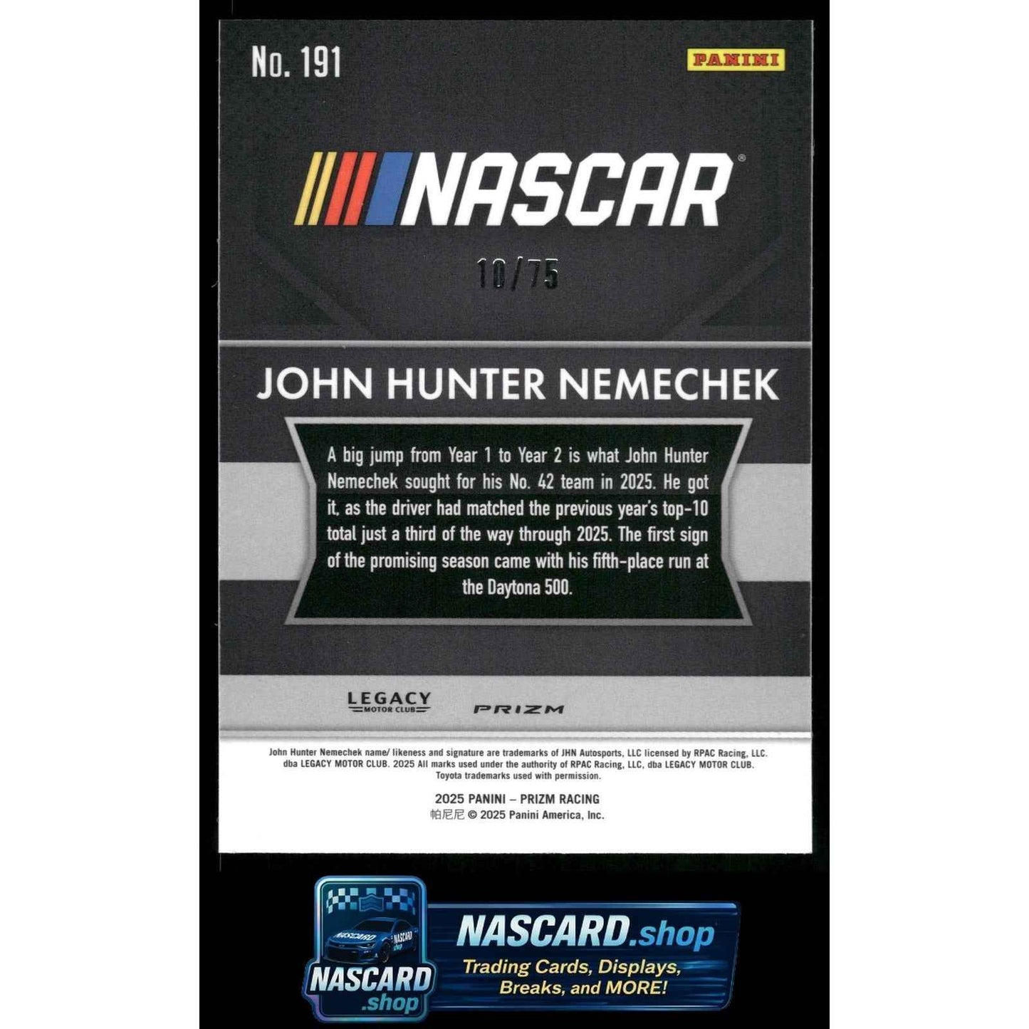2025 Panini Prizm #191 John Hunter Nemechek Checkered Flag #/75