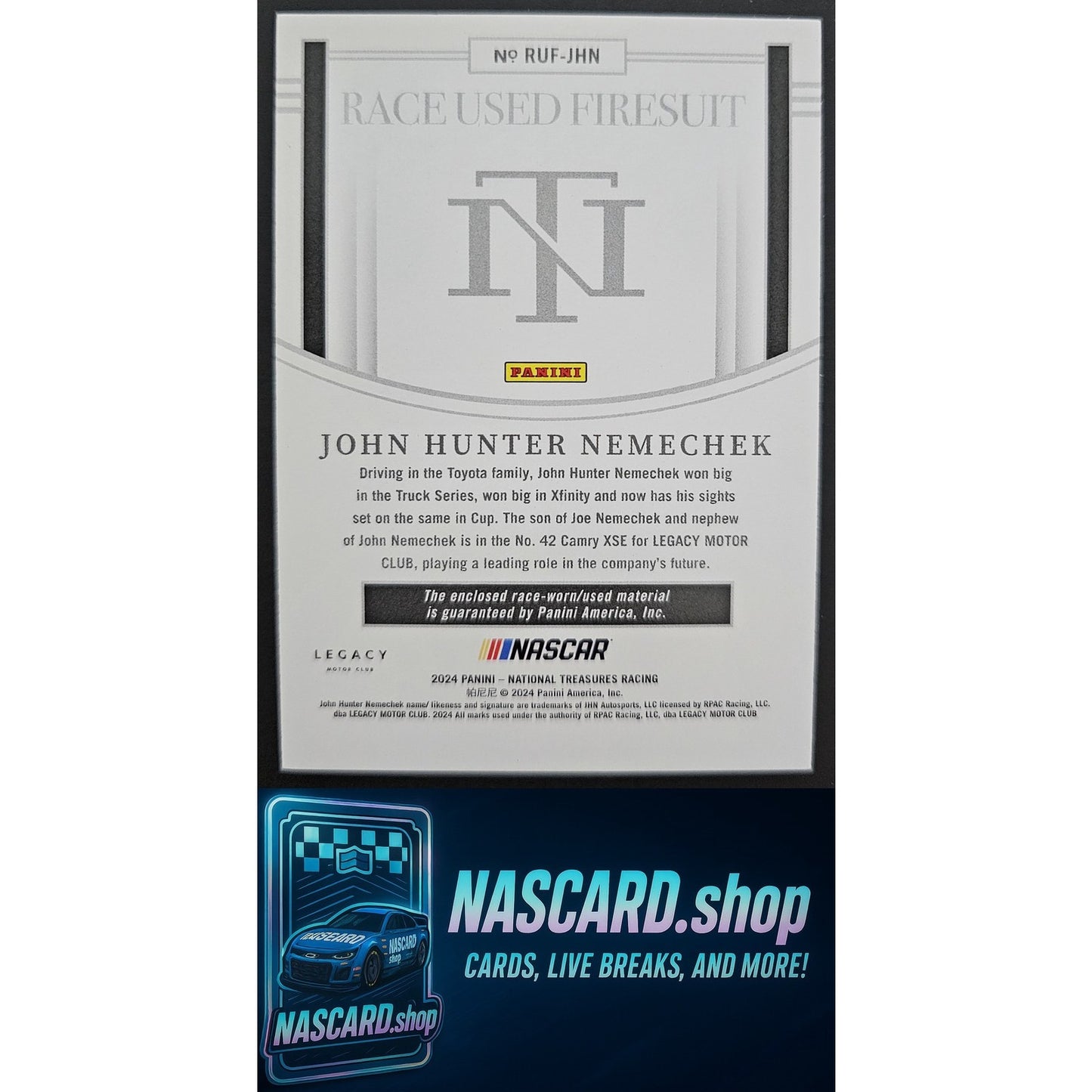 2024 National Treasures John Hunter Nemechek Race Used Firesuit Platinum 1/1 - NASCARD.shop