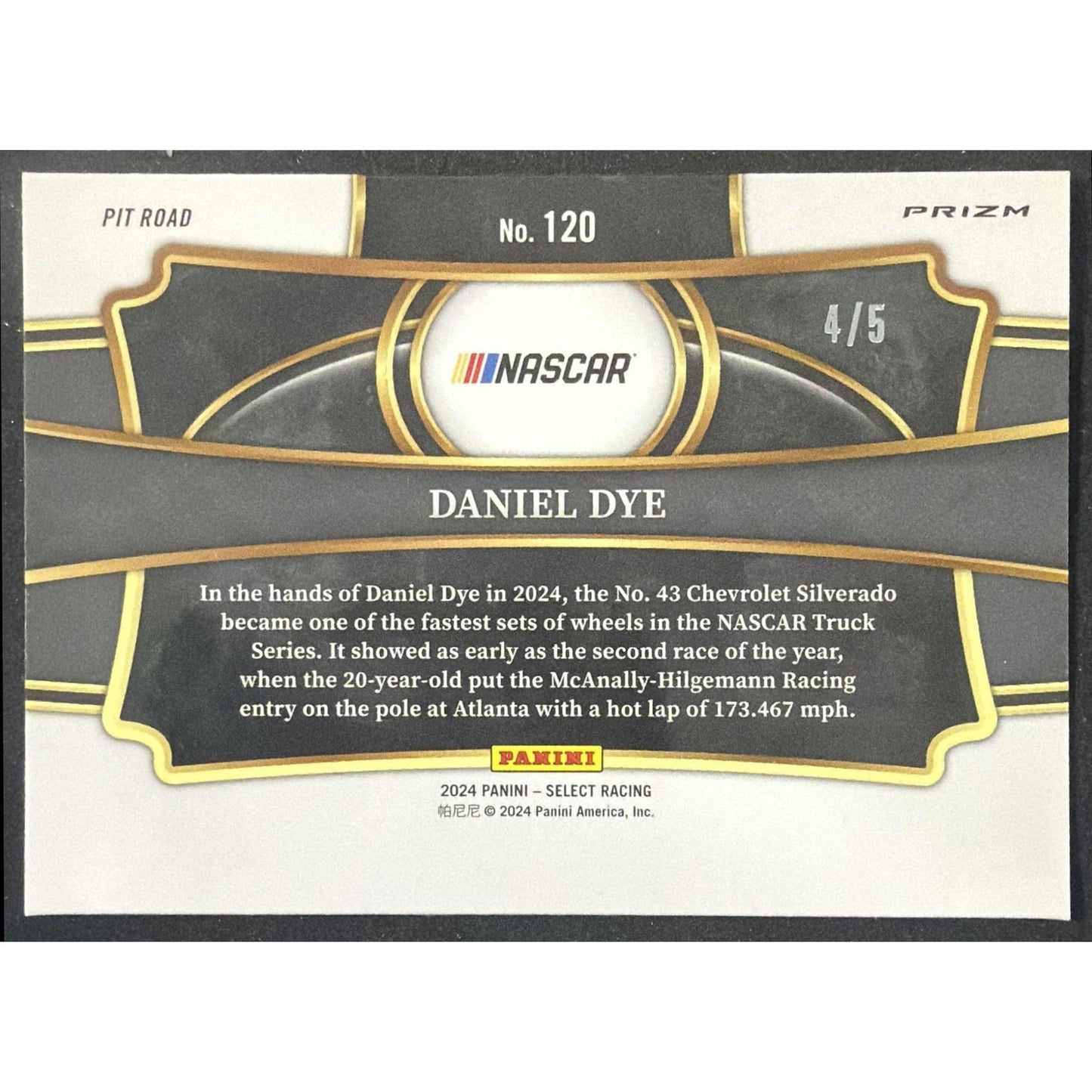 2024 Panini Select Nascar Daniel Dye #120 Green Prizms /5