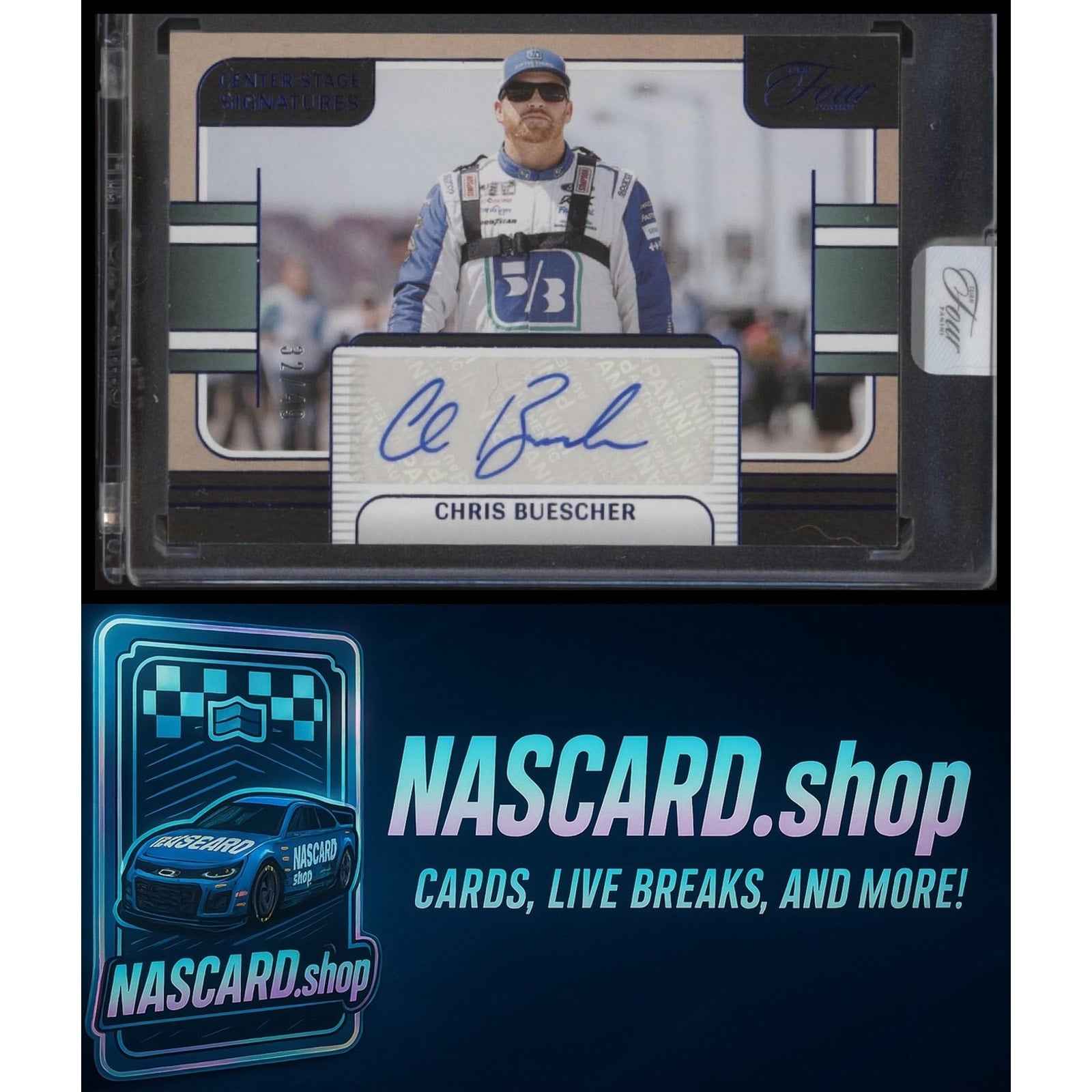 2025 Panini Turn Four #CSS-CBR Chris Buescher Center Stage Signatures Blue #/49