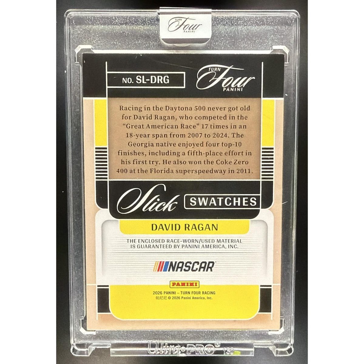 2026 Panini Turn Four Racing David Ragan #SL-DRG Slick Swatches 70/99 MEM
