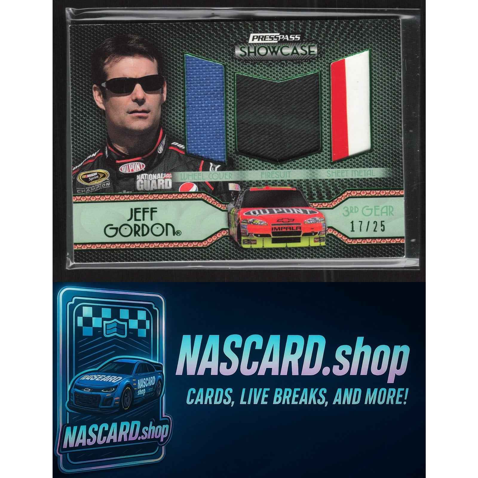2010 Press Pass Showcase Jeff Gordon Elite Exhibit Memorabilia-3rd Gear #/25