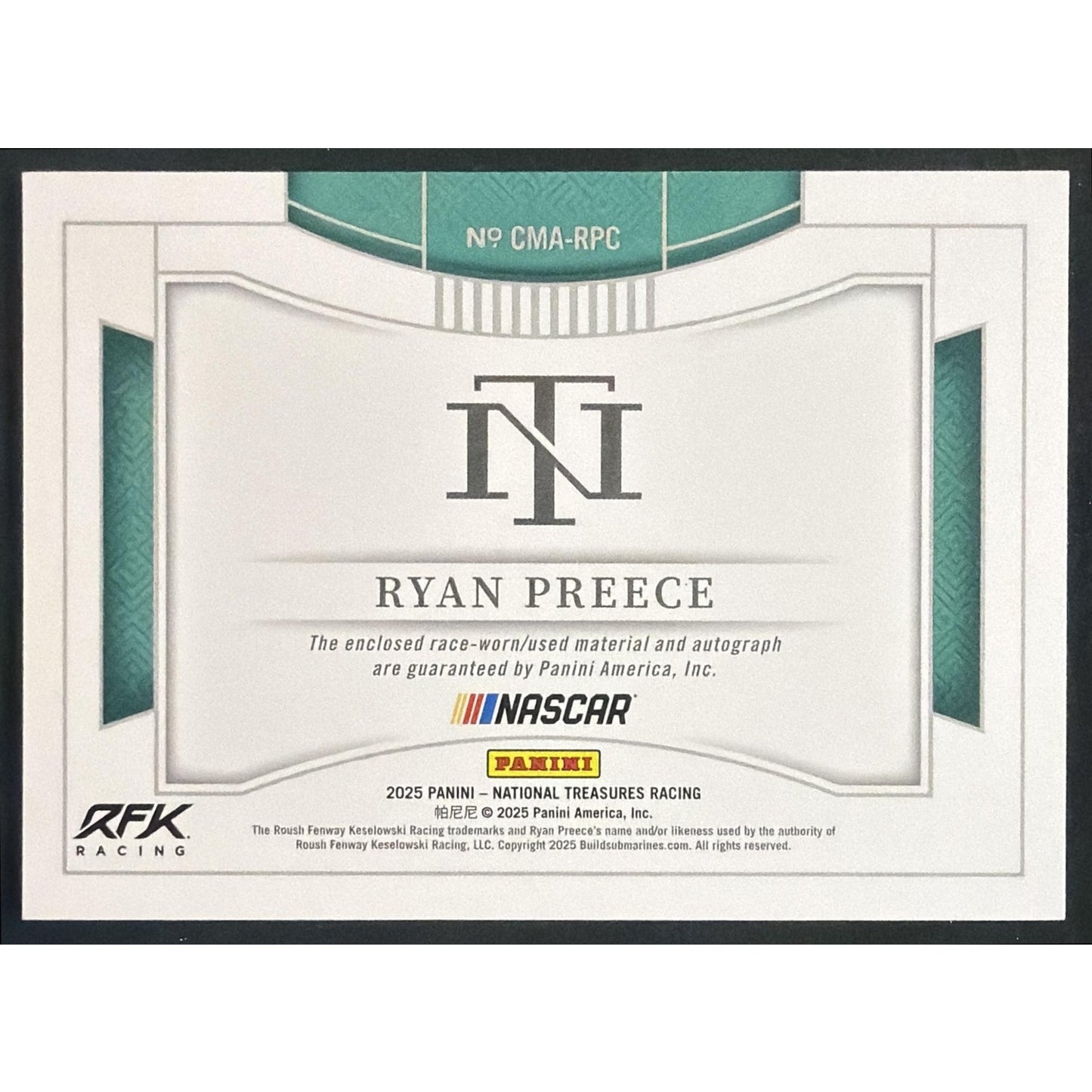 2025 Panini National Treasures Ryan Preece #22 Colossal Material Auto 43/99 MEM
