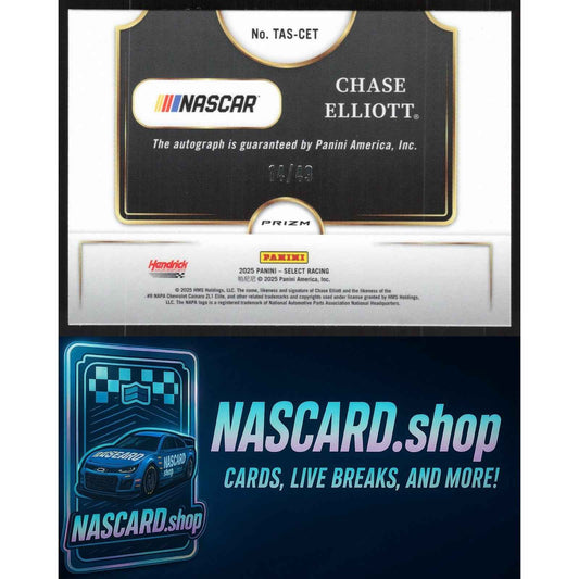 2025 Panini Select Chase Elliott Trackside Action Signatures Purple Prizms #/49