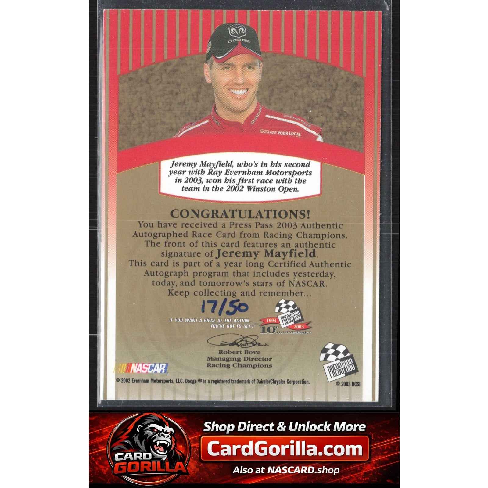 2003 Press Pass #NNO Jeremy Mayfield Signings Gold #/50