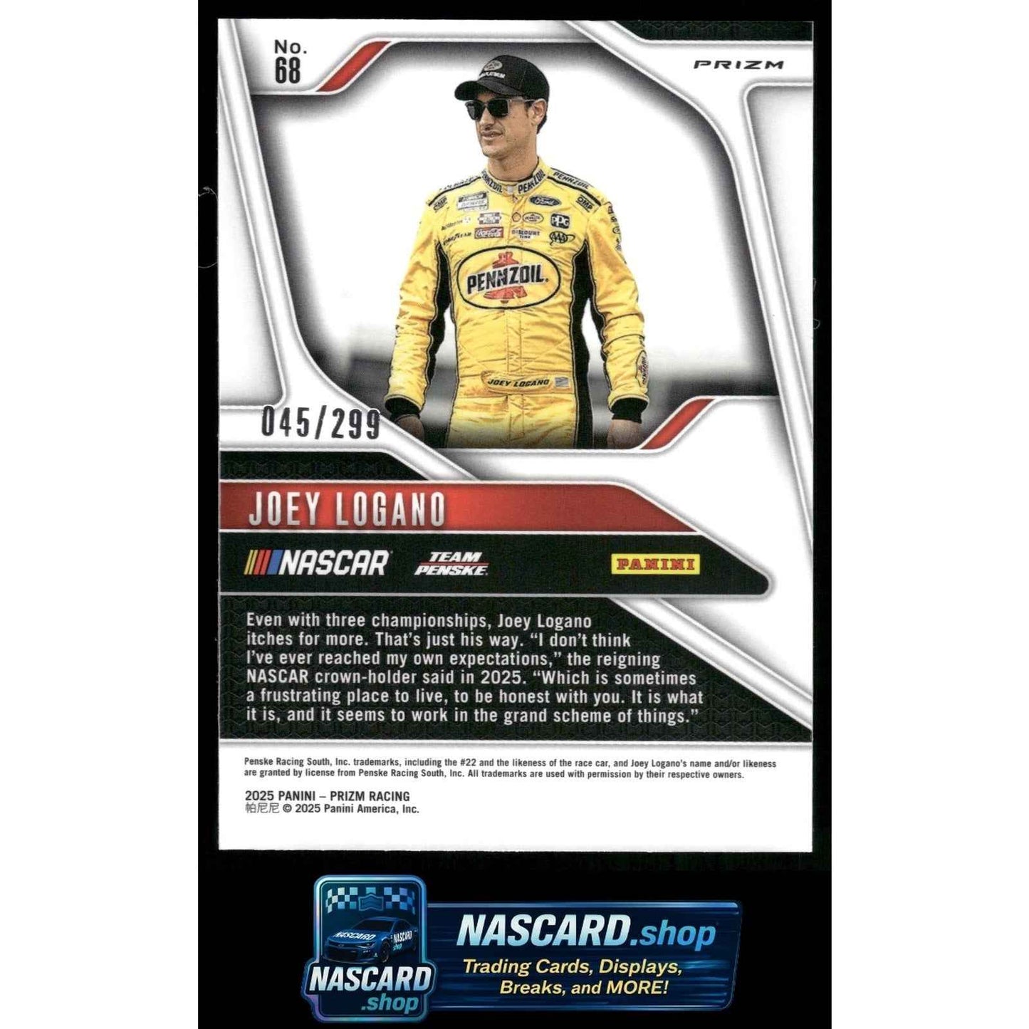 2025 Panini Prizm #68 Joey Logano Pulsar #/299