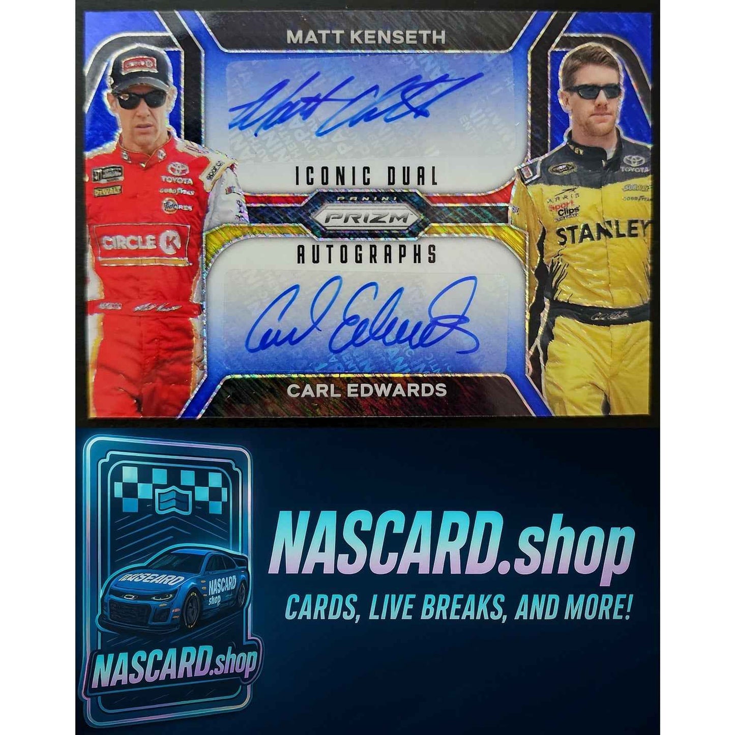 2024 Prizm Matt Kenseth Carl Edwards Iconic Dual Autographs Blue Shimmer 4/4