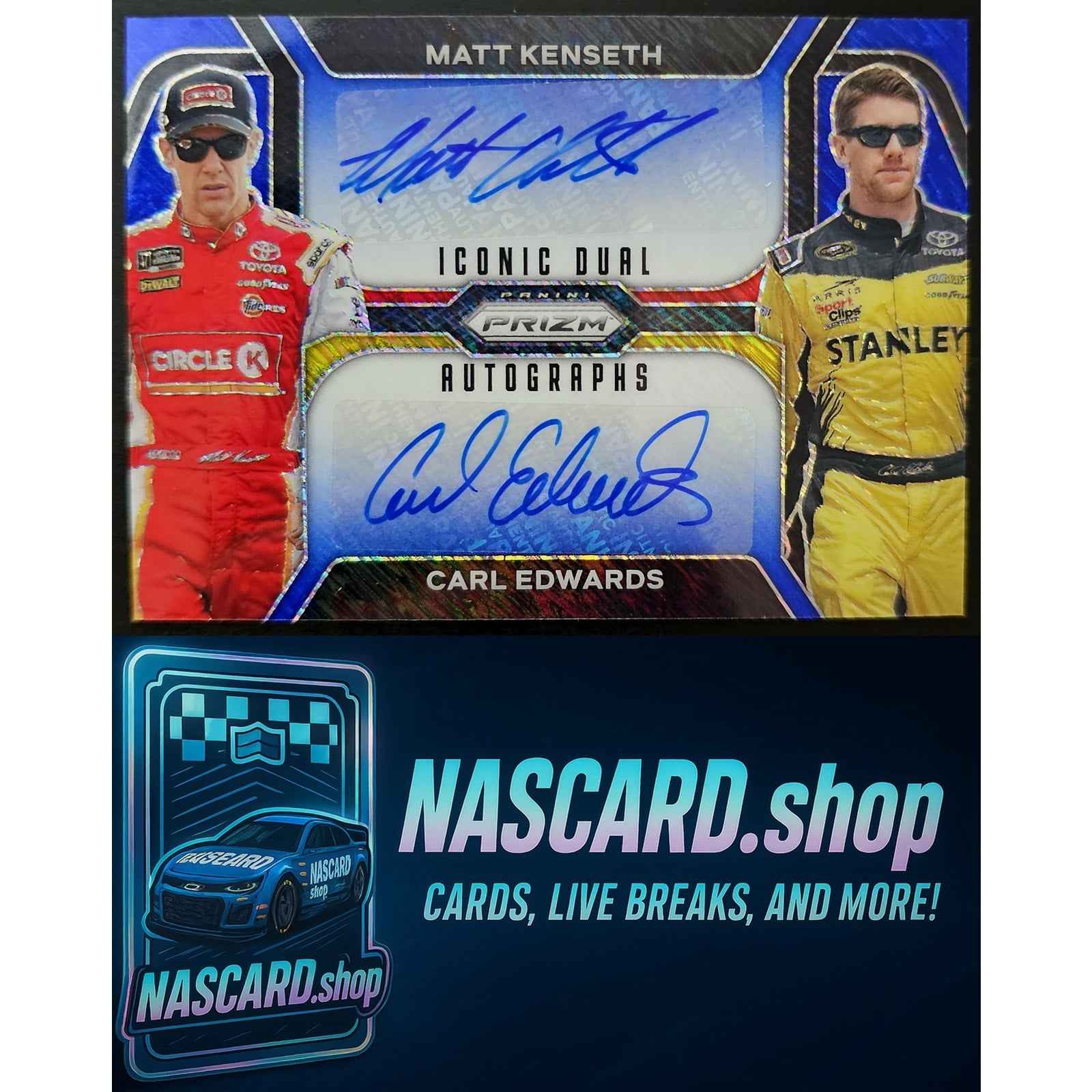 2024 Prizm Matt Kenseth Carl Edwards Iconic Dual Autographs Blue Shimmer 4/4