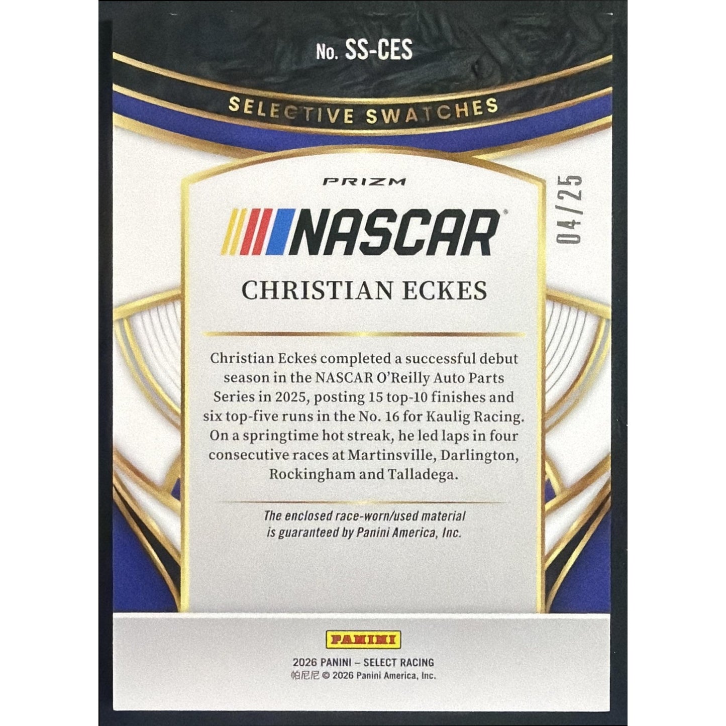 2026 Panini Select NASCAR Christian Eckes Selective Swatches Tie-Dye Prizms /25