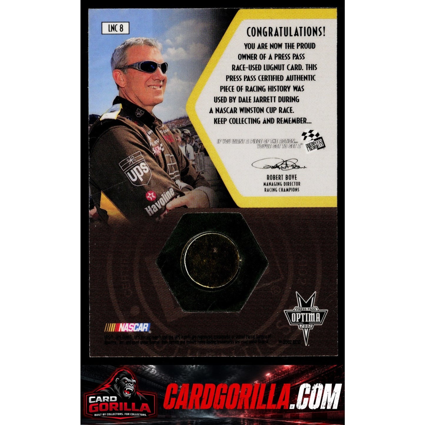 2002 Press Pass Optima #LNC 8 Dale Jarrett's Car Race Used Lugnuts Cars #/100
