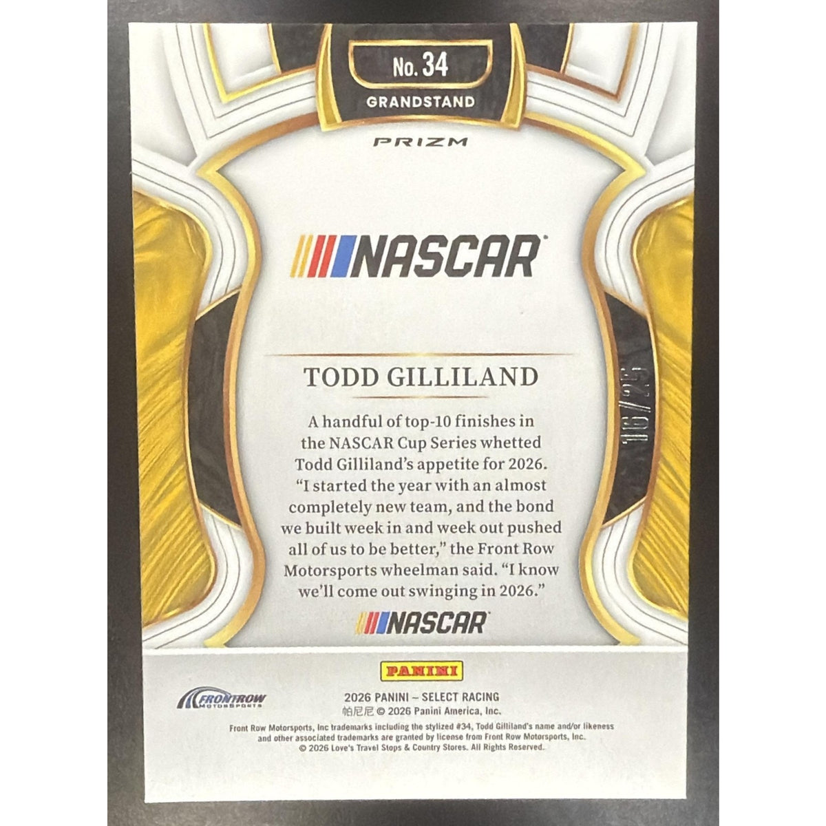 2026 Panini Select NASCAR Todd Gilliland #34 Set - Grandstand Tie-Dye Prizms /25