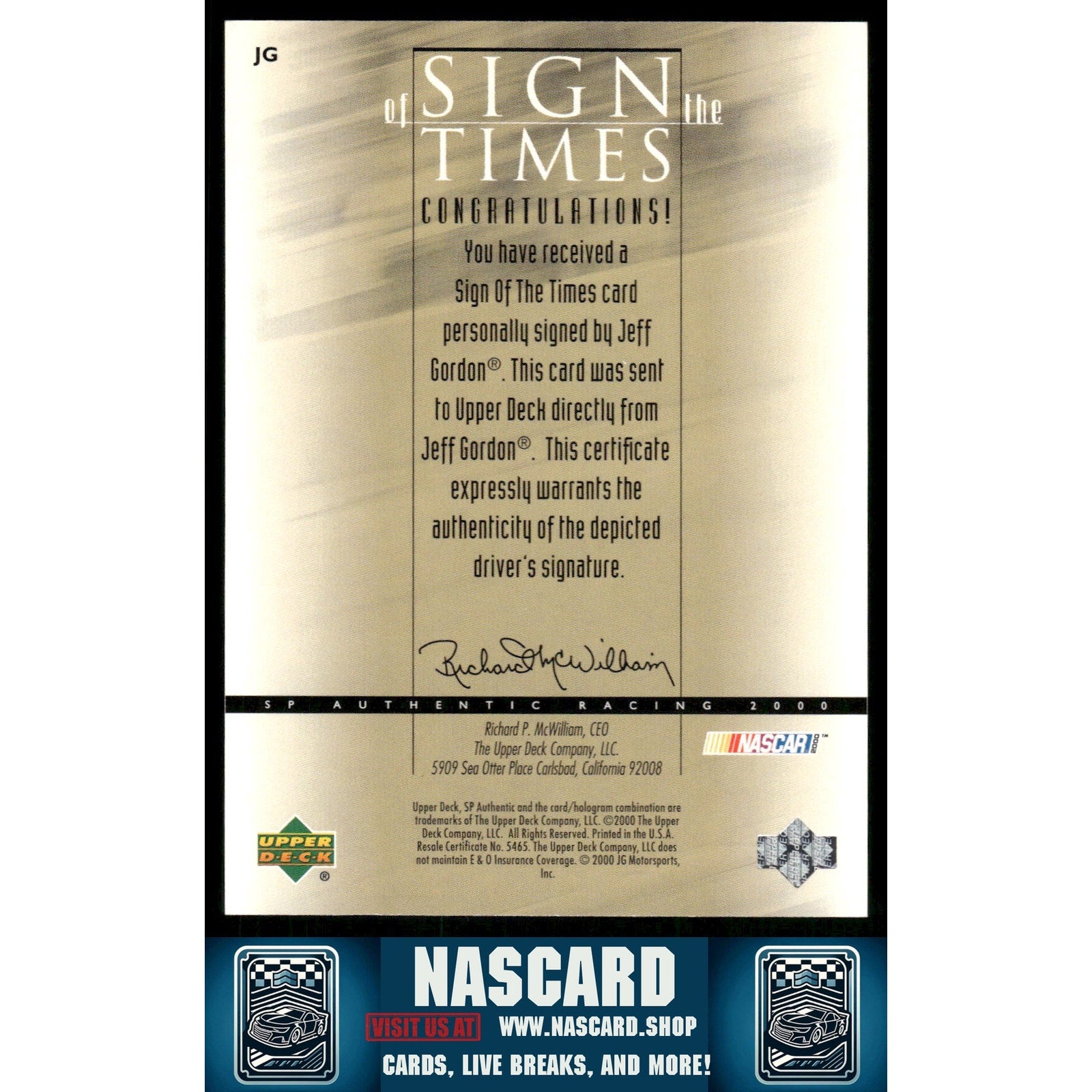 2000 SP Authentic #JG Jeff Gordon Sign of the Times - NASCARD.shop