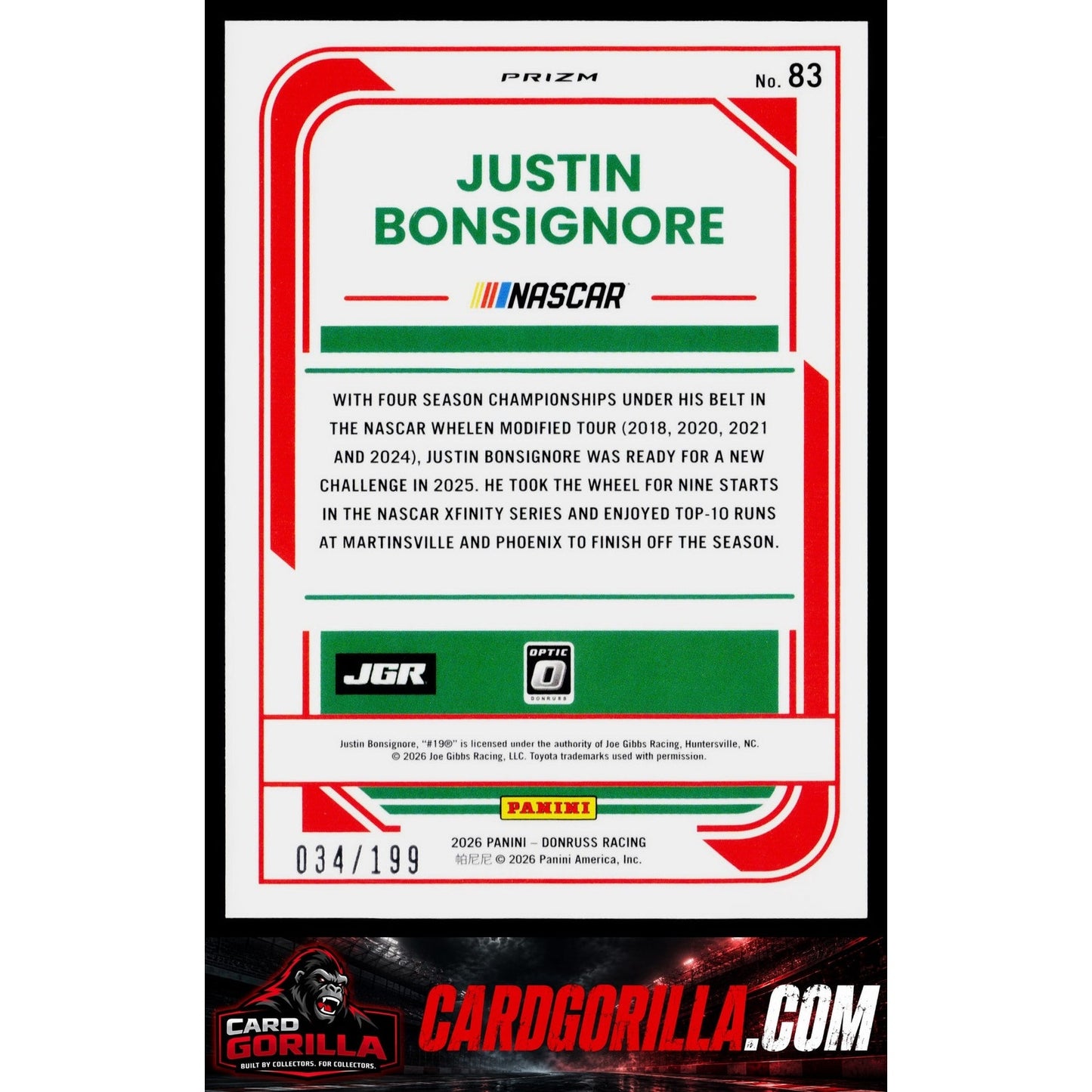 2026 Donruss #83 Justin Bonsignore Optic Red Velocity #/199
