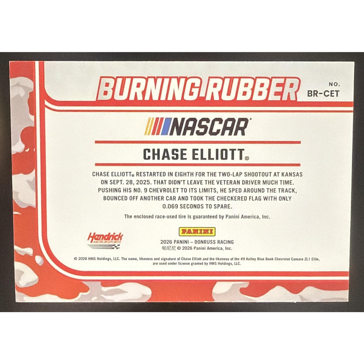 2026 Panini Donruss NASCAR Chase Elliott #2 Burning Rubber Materials Red /99