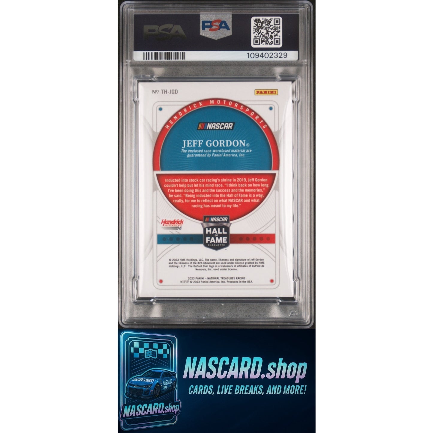 2023 National Treasures Treasures of the Hall Jeff Gordon Holo Platinum Blue 1/1 PSA 8